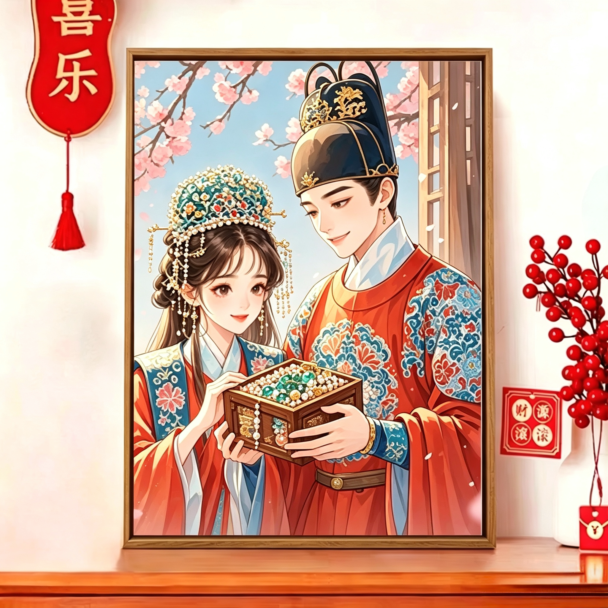 结婚十字绣2026新款手工线绣婚房卧室喜庆竖版画寓意好古风情侣