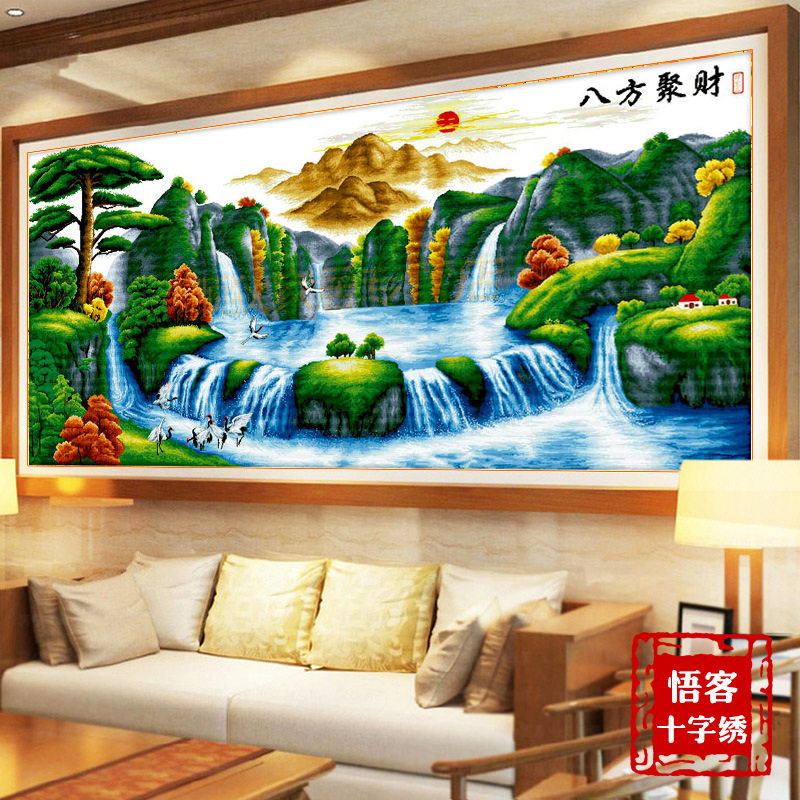 八方聚财2026新款刺绣十字绣线绣客厅流水生财风景山水画