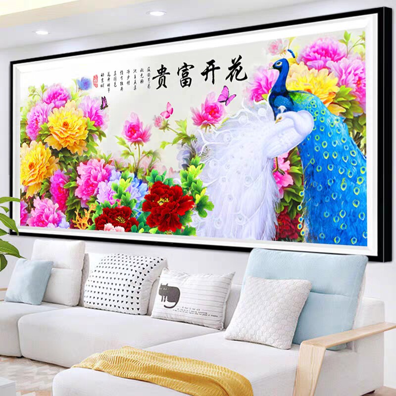 2026新款高端家用满钻九鱼孔雀牡丹花开富贵钻石画十字绣大幅挂画