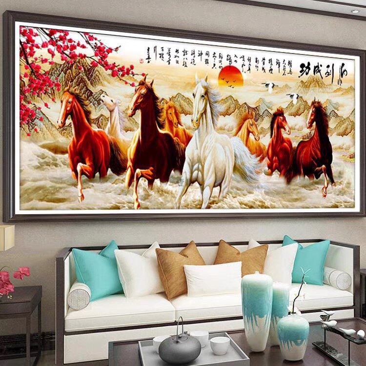2026新款客厅钻石画满钻八骏图马到成功十字绣现代家用办公室大气