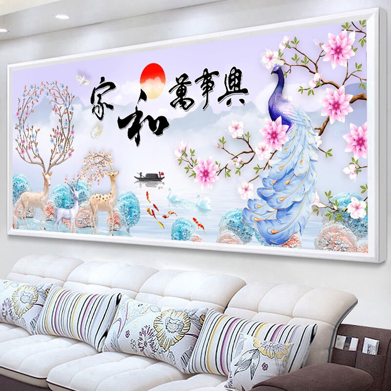 满钻卧室孔雀发财鹿挂画十字绣