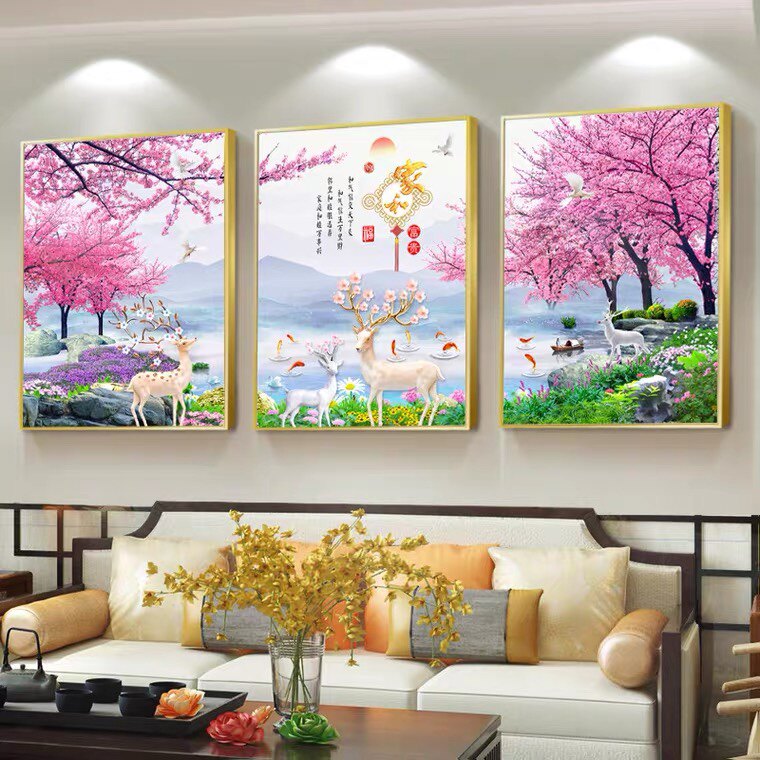 2026新款客厅高端家用5D钻石画发财麋鹿十字绣北欧简约三联画
