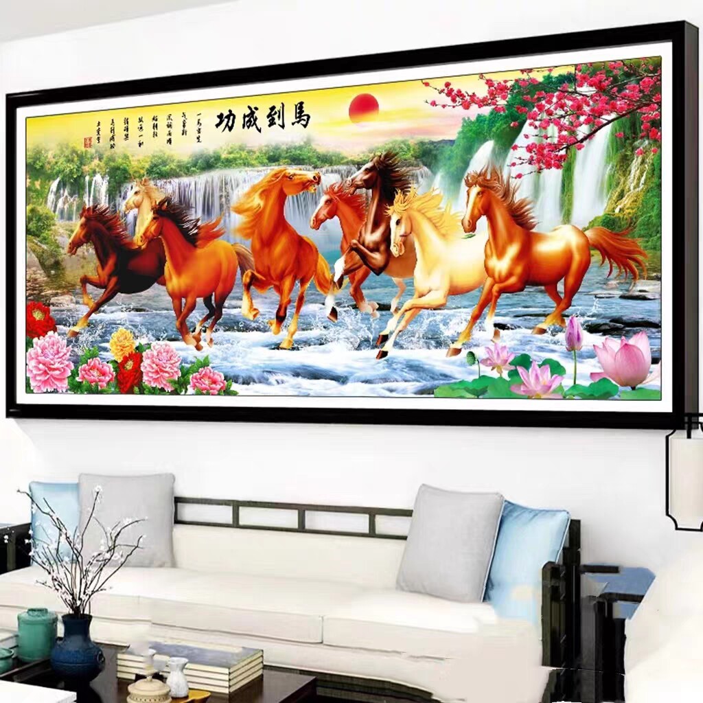 2026新款客厅居家高端钻石画马到成功山水风景画八骏图大幅办公室