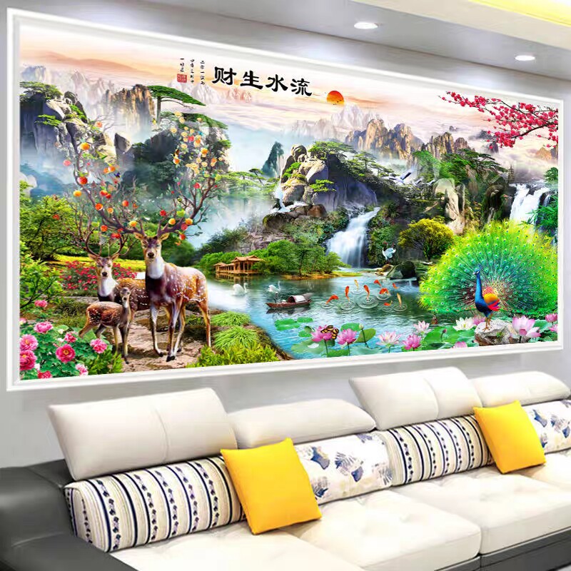 2026新款5D钻石画满钻客厅孔雀鹿风景山水手工贴钻十字绣流水生财