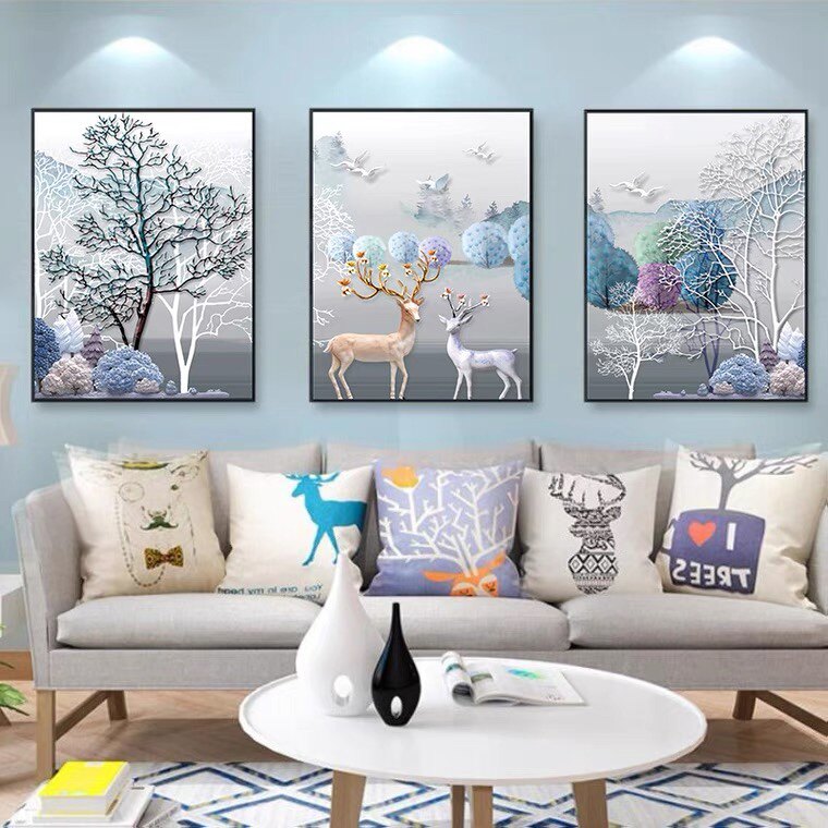 2026新款客厅卧室发财鹿三联画5D钻石画十字绣现代居家大幅挂画