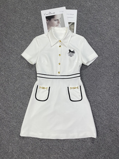 AURORA轻奢高端女装2024春季新款短袖衬衫领刺绣遮肉A字连衣裙