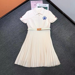 AURORA轻奢2024夏季短袖新款刺绣下摆压褶翻领修身显瘦连衣裙女