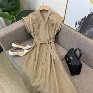 AURORA2025年夏季新款舒适百搭基础款亚麻宽松长款连衣裙配腰带女