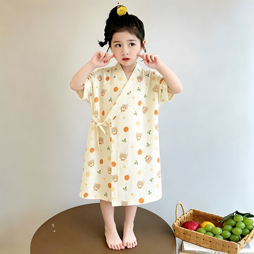 男女童春夏纯棉双层纱卡通睡袍