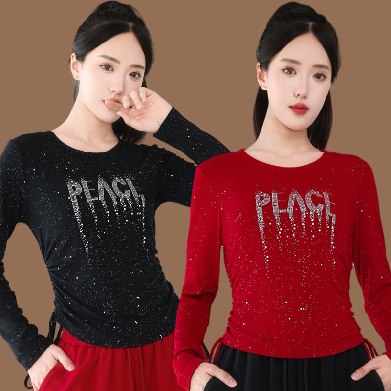 秋新款广场舞服装时尚洒银烫钻长袖抽绳上衣女运动健身跳操舞蹈服
