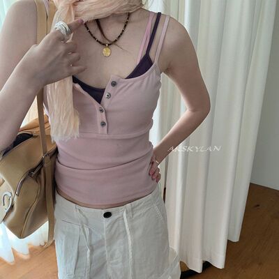 AKskylan 针织假两件吊带背心女纯欲设计感百搭修身内搭上衣85855