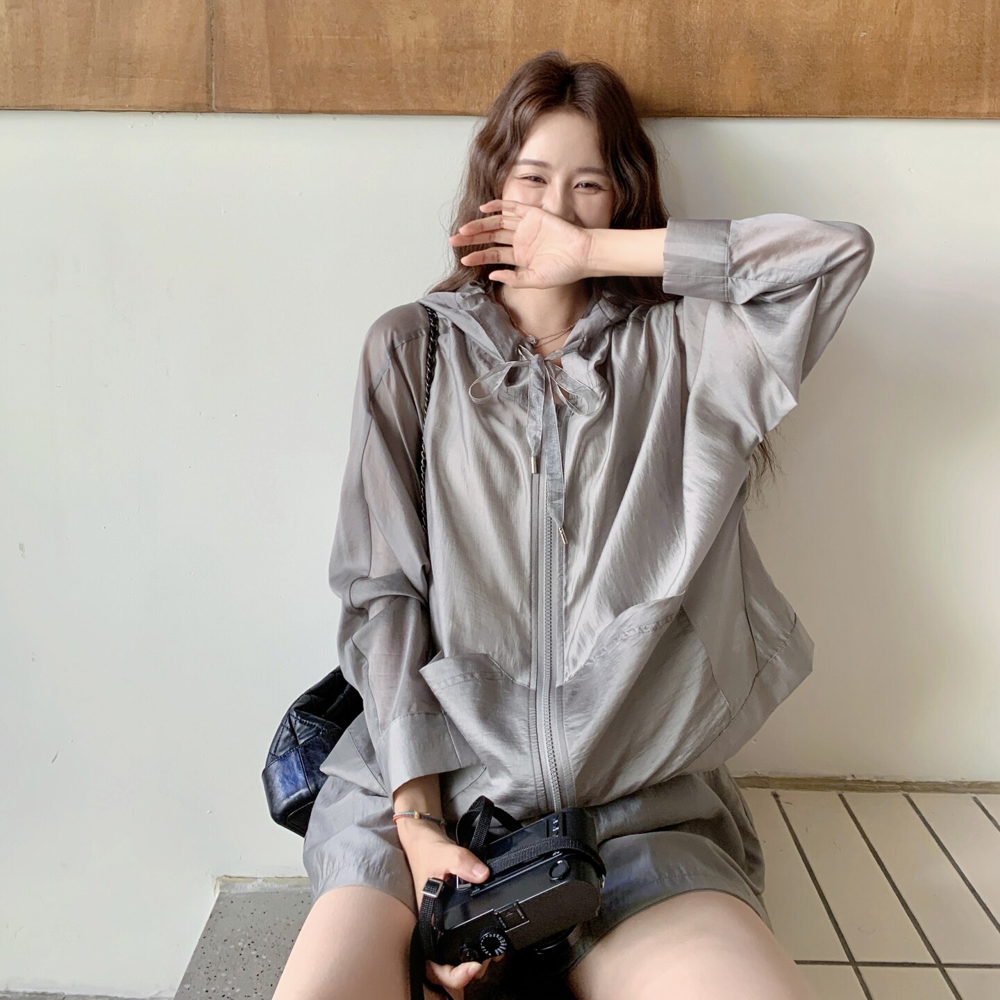 灰色轻薄连帽防晒开衫短款套装女2025夏季新款韩版时尚休闲两件套,女装防晒衣,2C207