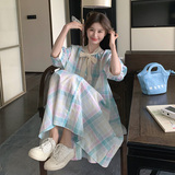 法式甜美盐系格纹连衣裙女2025夏季新款韩版宽松显瘦领口系带长裙，女装连衣裙，2C207