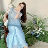 夏日清凉风蓝色穿搭一整套女2025超火巨好看背心短袖长裙三件套装，女装套装/套裙，2C207