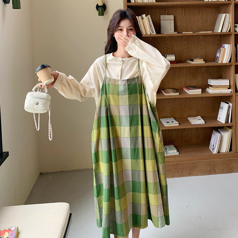 秋款格子绿裙棉布衫两件套C15-P165-K248,女装套装/套裙,2C207