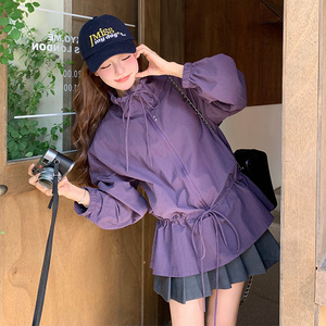 紫色设计感连帽风衣外套女2025早春秋韩系甜酷时髦收腰抽绳冲锋衣图片