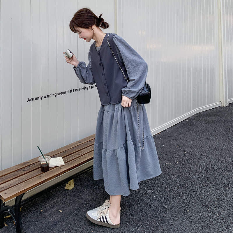 灰色轻熟风马甲连衣裙套装女2025年秋季新款法式高级感长裙两件套,女装套装/套裙,2C207
