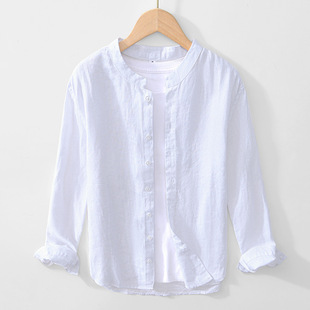 夏季小立领纯色亚麻衬衫男长袖休闲棉麻衬衣复古全麻布上衣服外套