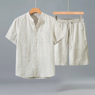 短袖 男士 夏薄款 麻料中国复古休闲透气中式 男 925 套装 3045亚麻衬衫