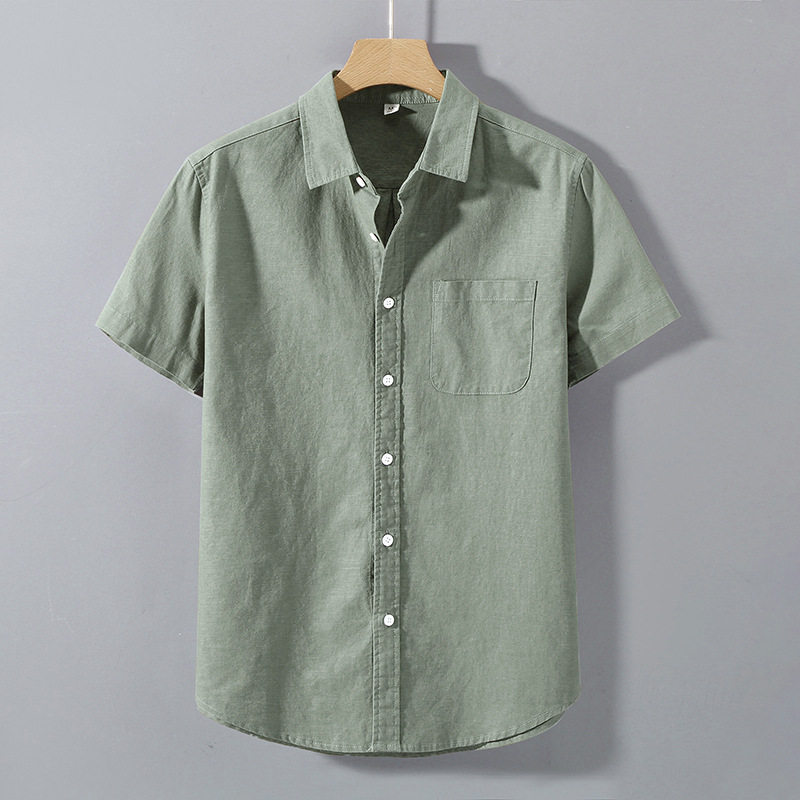 亚麻衬衫男士短袖港风日系半袖五分袖棉麻料衬衣服寸衫薄款夏