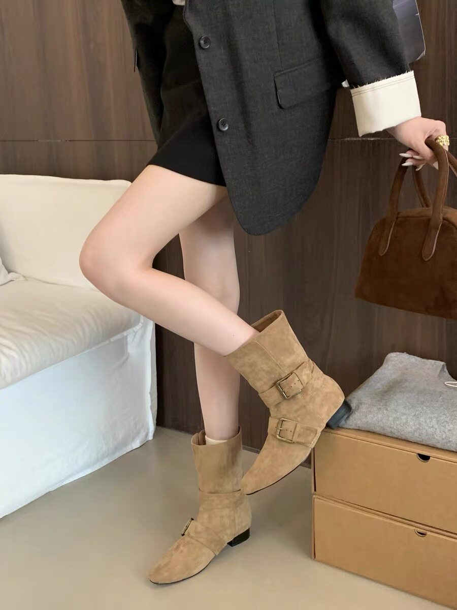 小众设计复古法式粗跟短靴女靴子2025新款韩版中筒靴小方头西部靴
