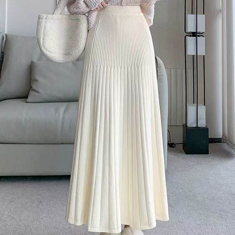 温柔风高腰百褶长裙女秋季修身显瘦A字半身裙时尚通勤针织裙