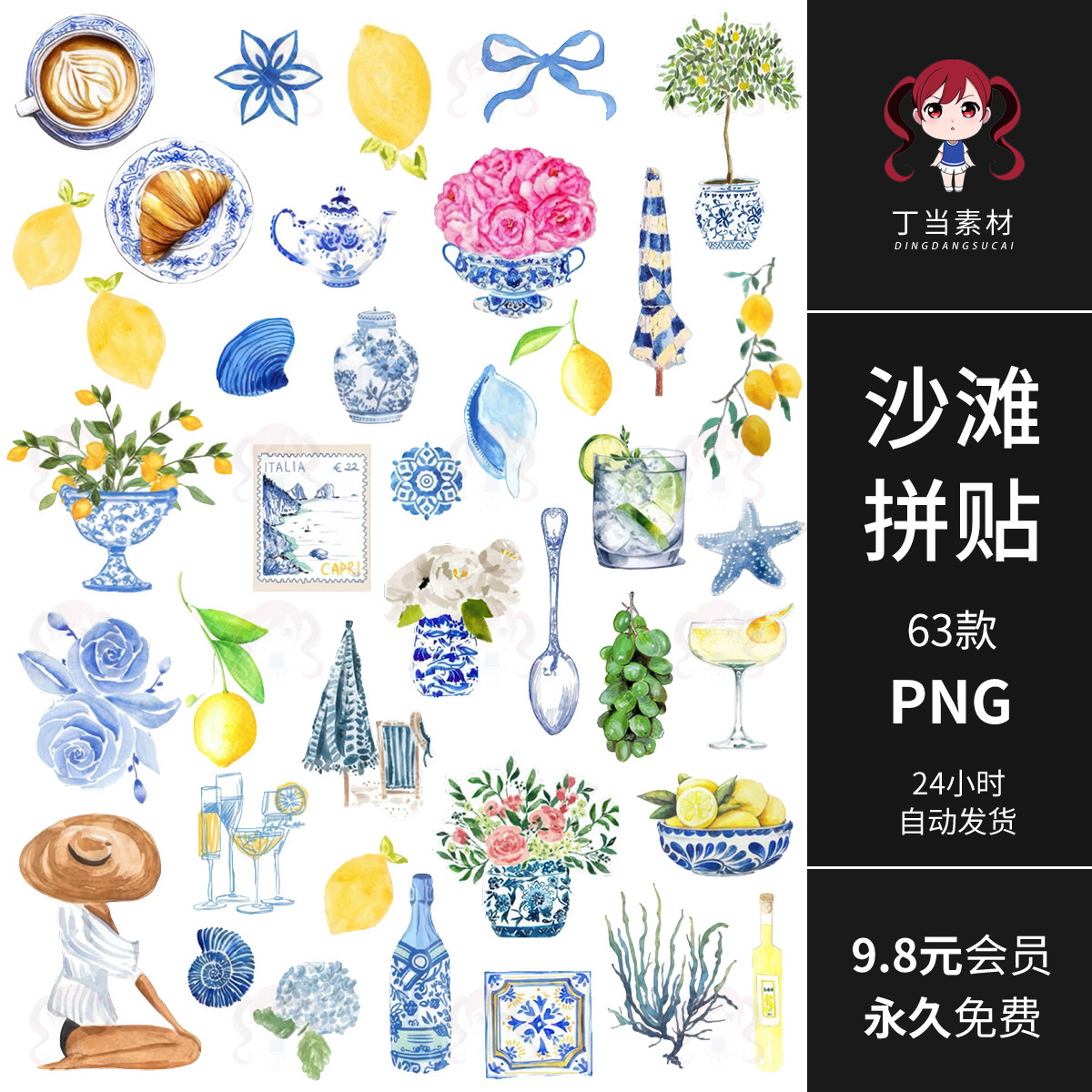 ins手绘插画青花瓷瓶盆栽柠檬海星电子手帐拼贴纸PNG免抠图片素材,商务/设计服务,设计素材/源文件,淘宝优惠券,粉丝福利购,淘宝优惠卷