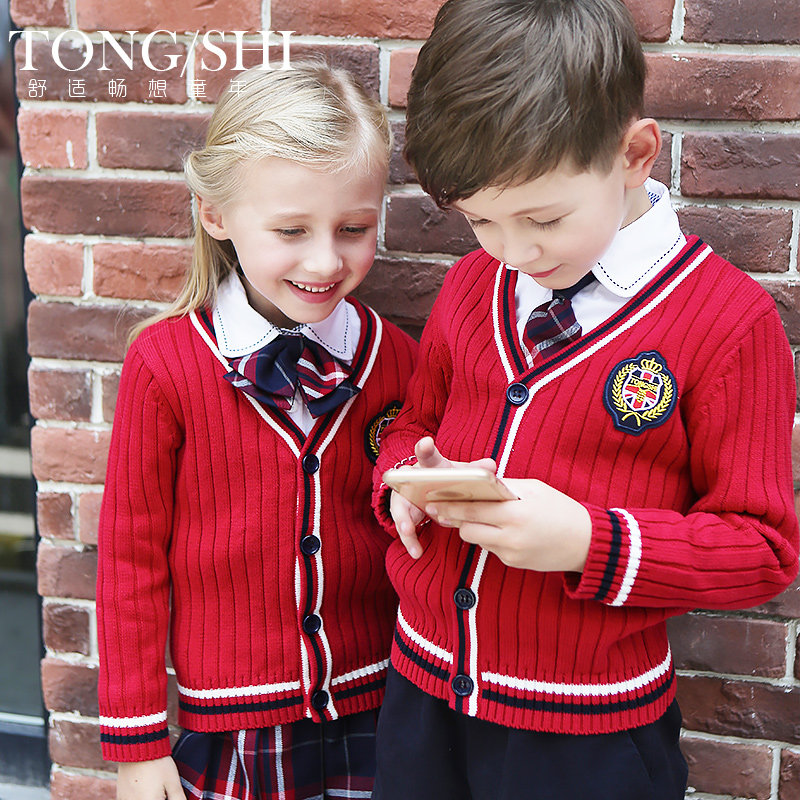 童狮新款秋装女童开衫毛衣男童英伦风上衣纯棉秋季针织衫单件外套