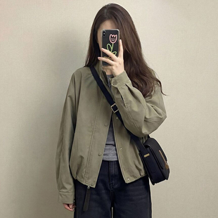 美式复古灰绿色外套女2026春季新款高级感独特漂亮小个子短款上衣