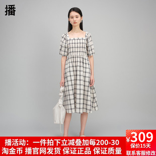 播格纹连衣裙2023夏季 中长裙女DDQ3LD5051 新款 气质方领复古泡泡袖