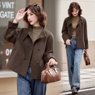 咖色立领短款毛呢外套女2025春秋新款时尚小个子宽松双面羊绒大衣