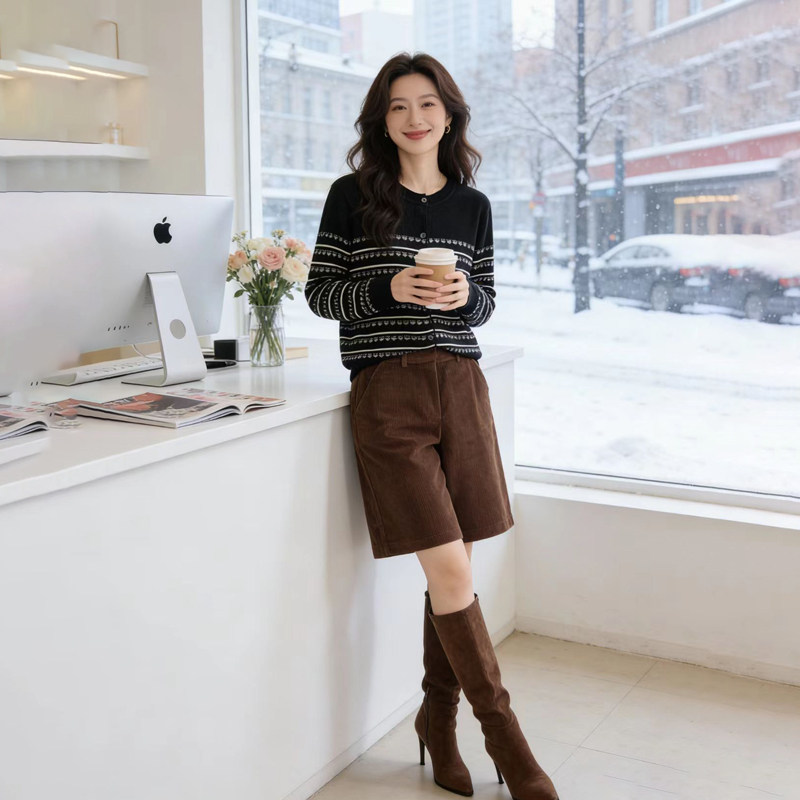 秋冬灯芯绒高腰裤显瘦阔腿短裤女