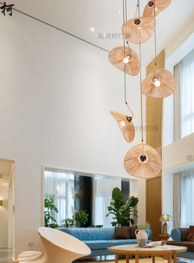 侘寂风日式复式楼客厅吊灯 跃层挑空loft吊灯 楼梯灯禅意藤编麻绳