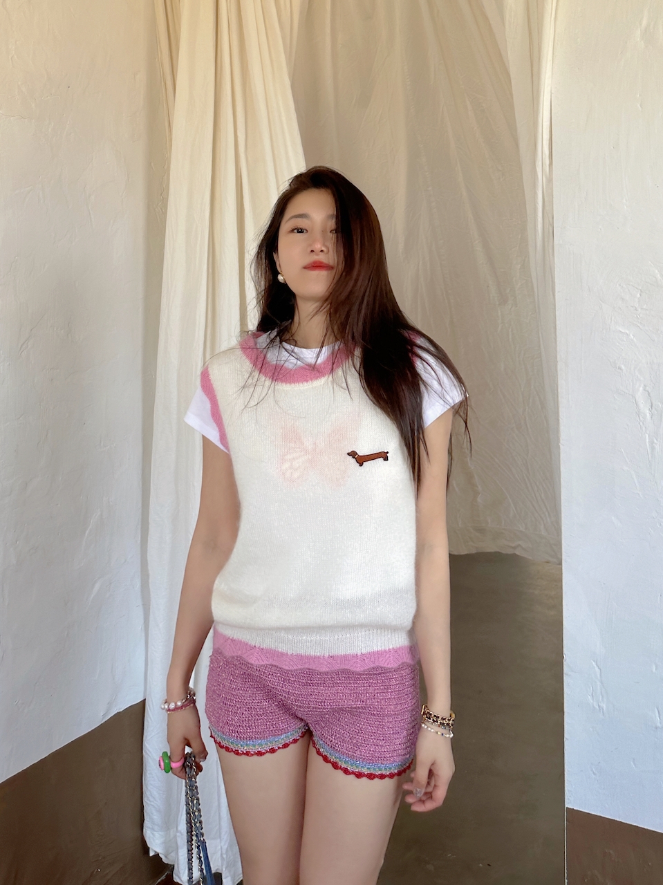 马海毛TZCO拼色背心腊肠散步