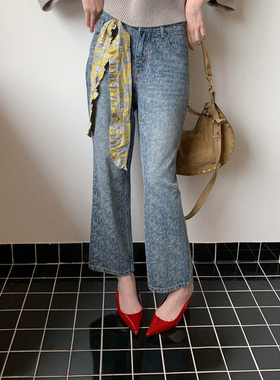 TZCO 25秋 9分印花做旧复古色直筒窄身全棉牛仔裤