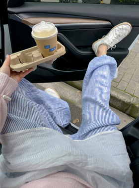 TZCO 24夏「条纹亚麻裤」宽松休闲经典蓝白条纹百搭工装裤休闲裤