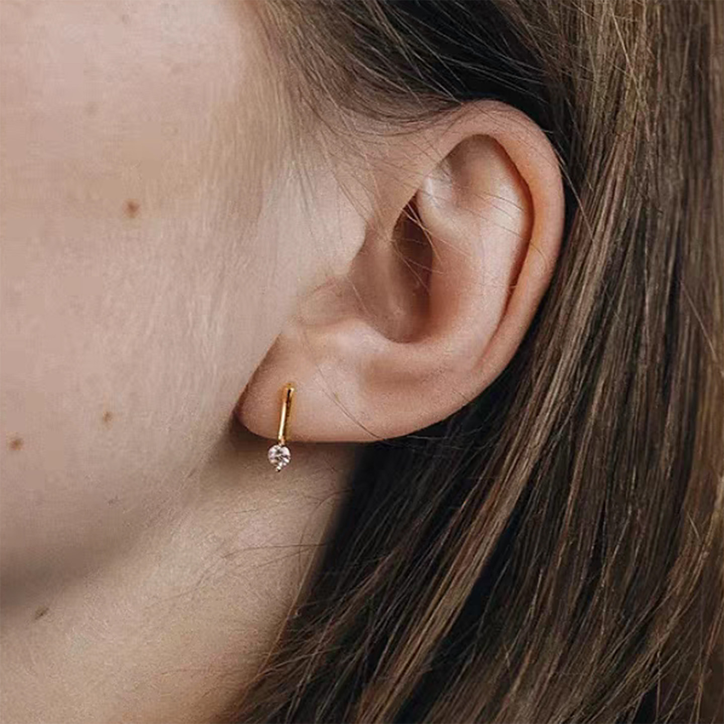 纯银耳环法式精致耳钩单钻水滴形耳饰14K金双耳洞耳钉一款两带女