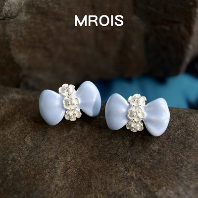 原创镀真金奶蓝滴釉蝴蝶结花朵锆石耳钉小众清新可爱风高级感耳饰