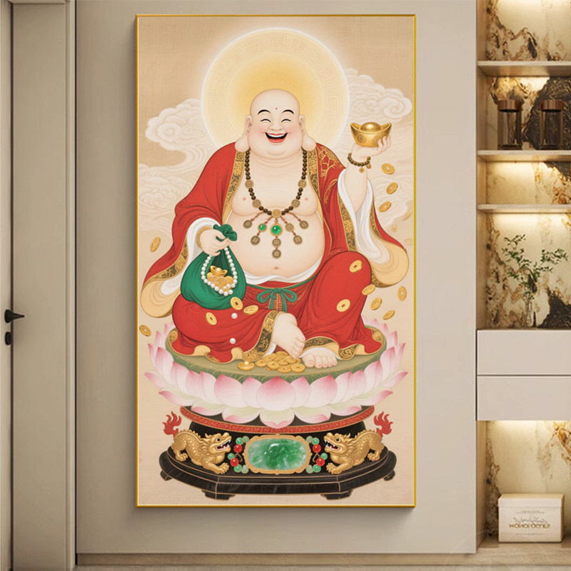 弥勒佛十字绣新款笑口常开客厅玄关竖版佛像画像刺绣简单自己刺绣