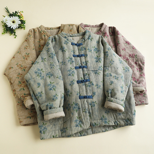 双口袋棉服 盘扣碎花棉衣女圆领蝙蝠袖 新款 森女系复古做旧新中式