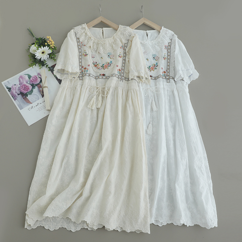 荷叶花边领收腰系带短袖连衣裙女新款夏装绣花米色减龄中长裙子潮