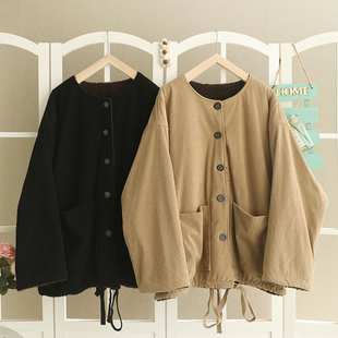 新款 条绒棉服潮 休闲加绒灯芯绒外套女圆领bf风加厚单排扣棉衣韩版