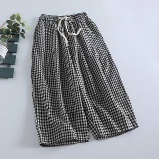 女士阔腿裤 女松紧腰抽绳系带休闲宽松棉麻哈伦裤 潮 格子七分裤 经典