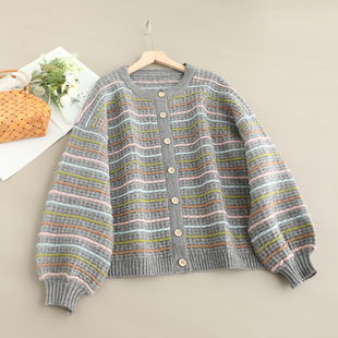 新款圆领条纹泡泡袖针织开衫女宽松百搭简约休闲毛衣外套上衣 潮