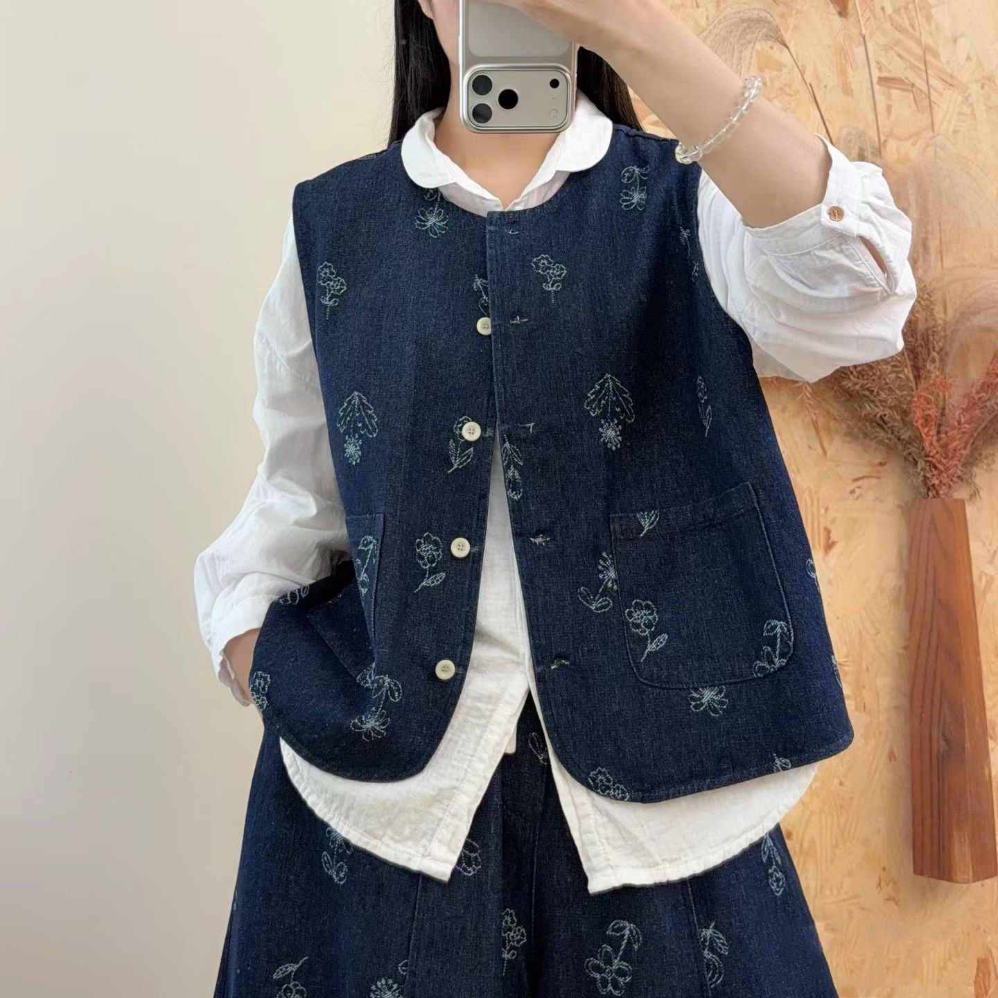 复古文艺印花牛仔马甲女百搭坎肩