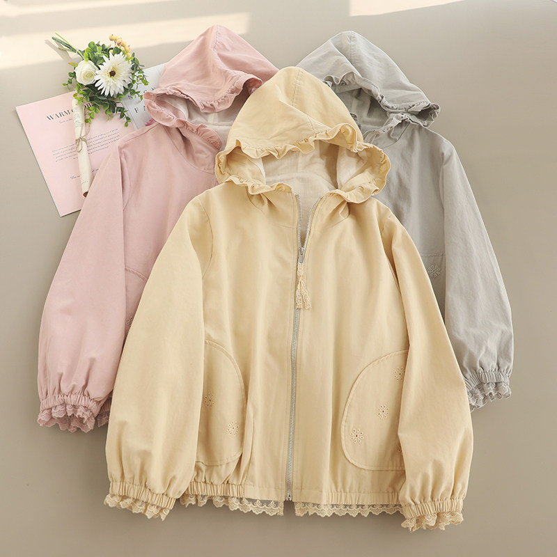 森女系花边刺绣连帽短外套女春秋季纯棉甜美纯色减龄长袖开衫上衣,女装/女士精品,短外套,淘宝优惠券,粉丝福利购,淘宝优惠卷