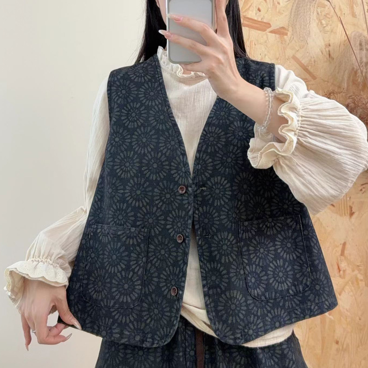 复古V领印花牛仔马甲女叠穿坎肩