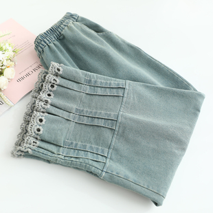 潮 女宽松百搭松紧腰复古色九分裤 森女系新款 花边直筒阔腿牛仔裤