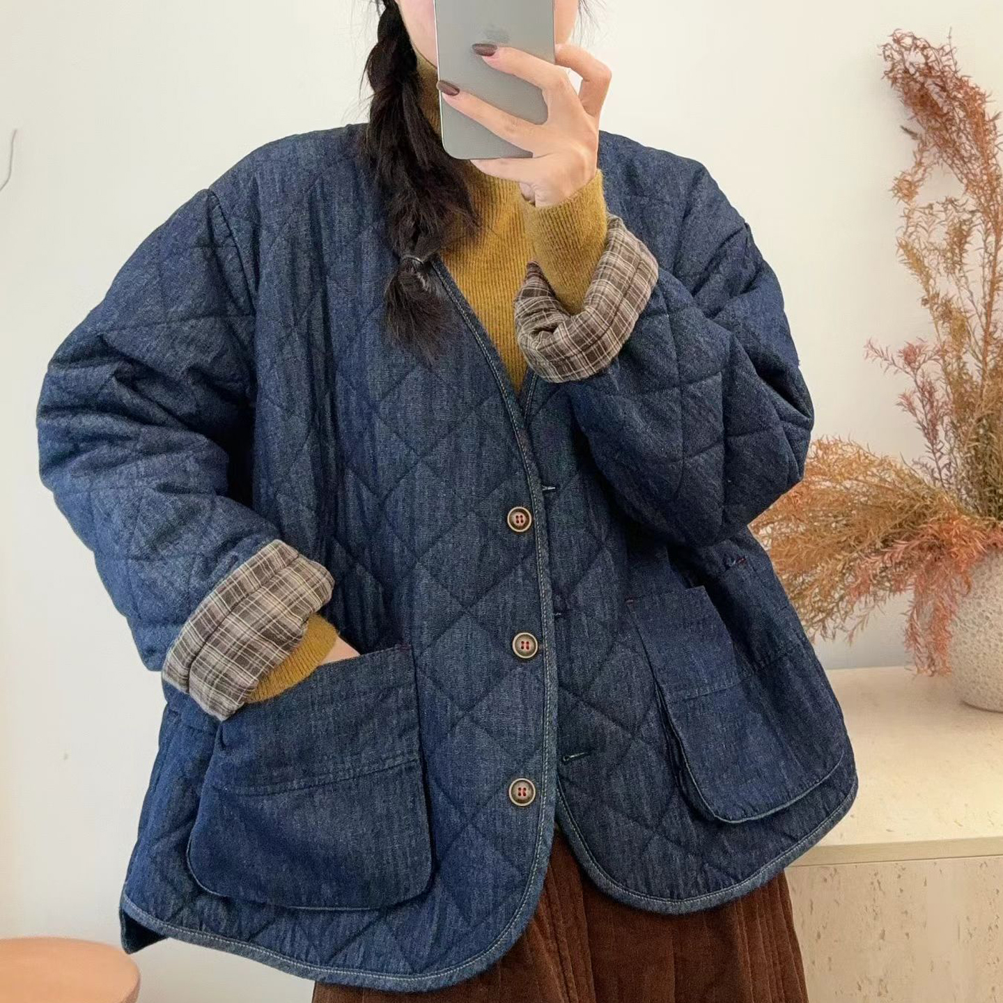 文艺V领菱形格绗线加棉牛仔外套女休闲双口袋单排扣宽松大码棉衣