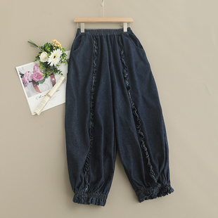 新款木耳花边拼接牛仔裤女宽松百搭松紧腰纯色减龄显瘦灯笼花苞裤